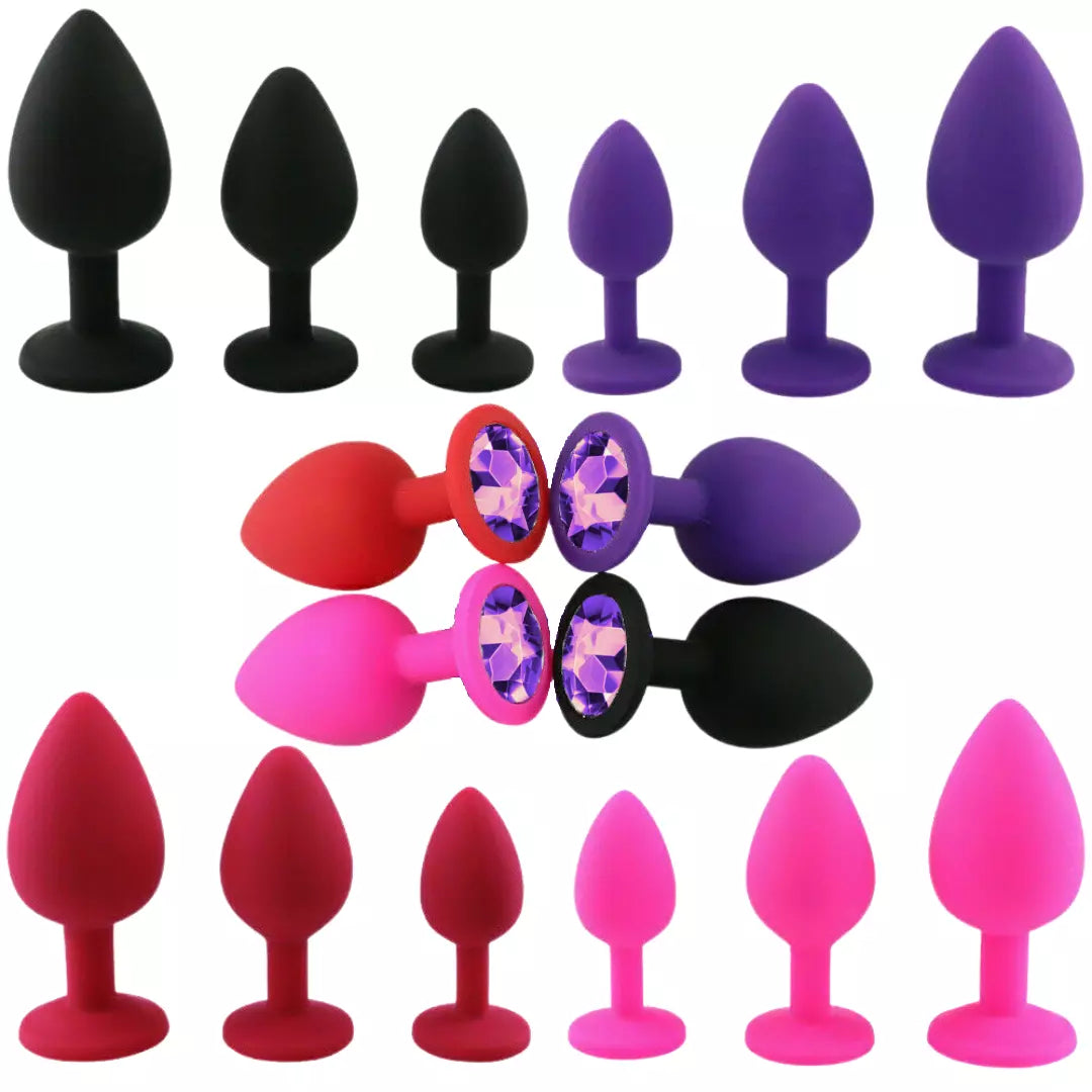 Lot de 3 plug anal en silicone multicouleurs et bijoux