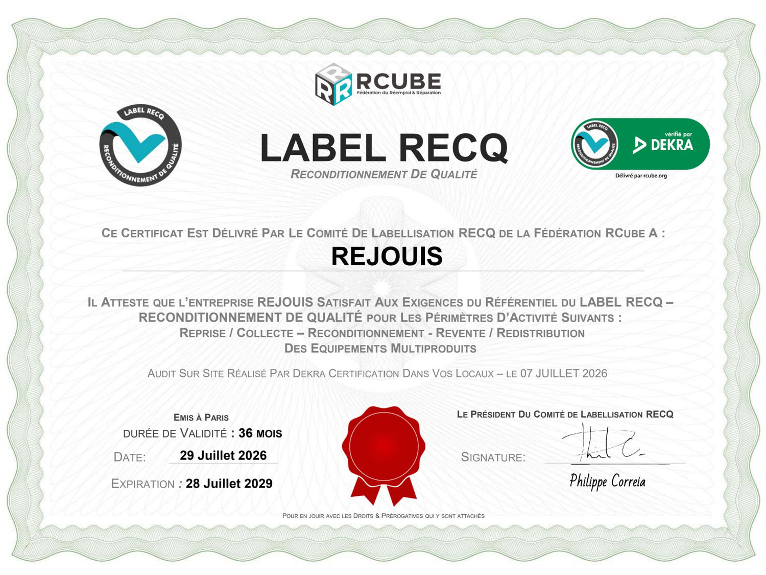 Rejouis obtient le label RECQ, reconditionnement de qualité ♻️✅