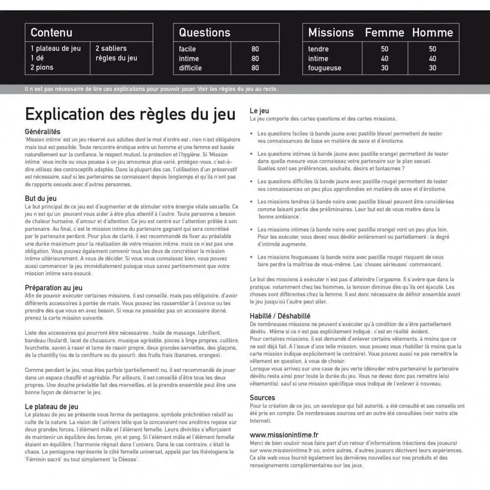 Jeu de société "mission intime"