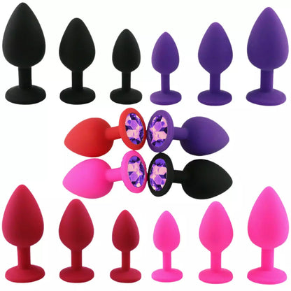 Lot de 3 plug anal en silicone multicouleurs et bijoux