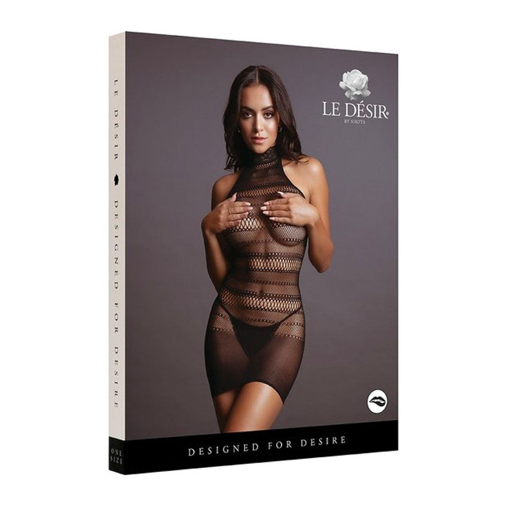 Mini robe résille noire col montant